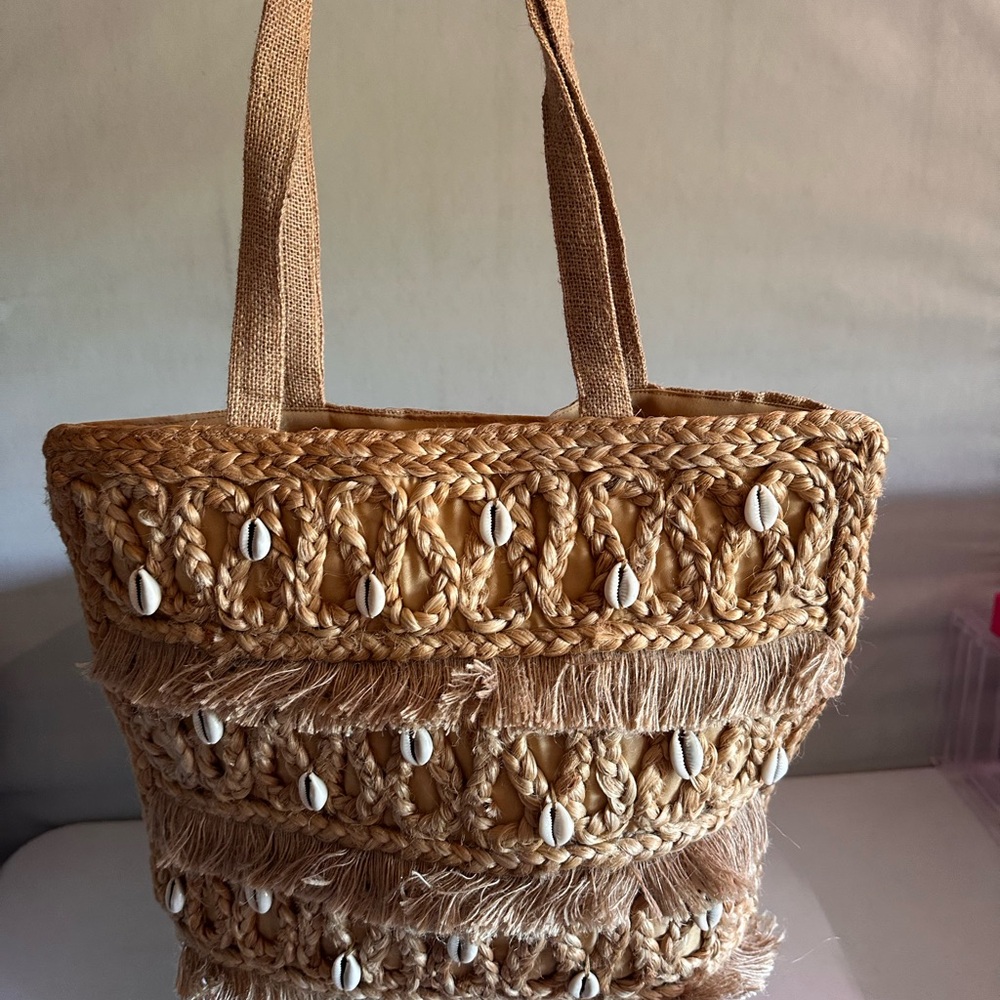 Tan Crochet Tote Bag with Shell Accents